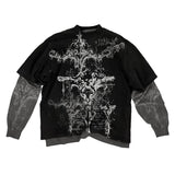 Fashionkova Gothic skull cross letter print fake two-piece design y2k T-shirt for men 2000s American retro punk rock niche street baggy tops