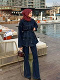 Fashionkova Retro Belt Denim Pants Set Women Lapel Pockets Long Sleeved Jacket Zipper Straight Leg Jeans 2025 Spring High Street Female Sets