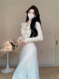 Fashionkova  party look inspos French Solid Autumn Winter Knitted Dress Elegant Women New Peter Pan Collar High Waist Long Dress Lady Office Sweater Vestidos