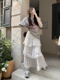 Fashionkova  party look inspos Korobov White Gauze Half Skirt Women Summer New French Vintage Cake Skirt High Waist A-line MIDI Skirt Korean Fashion Faldas