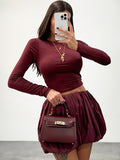 Fashionkova Valentine's Day Aesthetic Trendix Pleated Skirt 2 Piece Sets Women Burgundy Bodycon Long Sleeve Shirts Vintage Fashion High Waist Dress Suits 2024 Winter