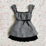 Fashionkova party outfit  Plaid pattern suspenders emo girl Harajuku 90S tops bow decoration grunge punk rock aesthetic hip hop fashion casual women's top