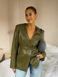 Fashionkova  Nye Outfit Chic V-neck One Button Women's Leather Jackets Fashion Solid Slim Fit Pockets Coats 2025 Lady High Street Outerwears New Spring