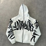 Fashionkova High Street Harajuku Retro Letter Graffiti Print Zipper Hoodie Men Y2k Gothic Hip Hop Punk Casual Oversized Sweatshirt Women