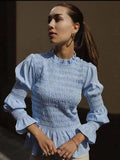 Fashionkova party look inspos Chic Plaid Printed Ruffle Pleated T Shirt for Women Casual Puff Long Sleeve Round Collar Top Female 2024 New Ladies Loose Blouse