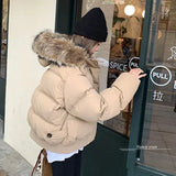 Fashionkova party look inspos Women's Cropped Down Jacket Big Fur Collar Buttoned Topcoat Solid Coat Female Thickned Warm Short Jacket 2024 Winter