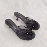 Fashionkova Summer mesh flower beads women slides sexy thin heel sandals ootd outfit idea
