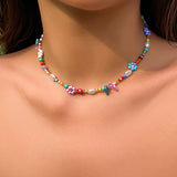 Fashionkova Boho Multicolor Handwoven Seed Beads Beaded Flower Choker Trend Y2K Imitation Pearl Collar Necklace Women Party Jewelry