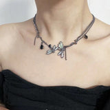 Fashionkova Y2K Dragonfly Necklace for Women Fashion Hip Hop Black Crystal Pendants Necklaces Splicing Chain Girls Rave Gift Gothic Jewelry