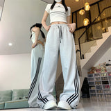 Fashionkova party outfit  Black Striped Sweatpants Women Preppy Style High Waist Loose Casual Trousers Korean Chic Gray Lace Up Streetwear Wide Leg Pants