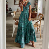 Fashionkova Valentine's Day Aesthetic Vintage Bohemian Print Pleated Skinny Waist Dresses Women Summer Wrap Sleeve Dress Female Comfortable Casual Large Hem Long Gown