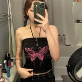 Fashionkova Y2k Aesthetic Bufferfly Rhinestones Butterfly Print Bandeau Top Fairycore Outfit Idea