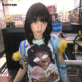 Fashionkova Japanese Y2k Graffiti Print T-shirt Trashy 2000s Style Crop Top Vintage Harajuku Removable Fur Sleeve Tee Shirt American Spring Style 2025