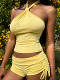 Fashionkova Holiday Sexy Bandage Shorts Sets Beach Style Slim 2 Piece Sets Halter Sleeveless Crop Tops Low-Waisted Drawstring Shorts