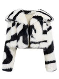 Fashionkova Party Outfit Chic Zebra Pattern Printed Large Turn Down Collar Faux Fox Fur Coat Grass Mink Striped Fur Jacket Fur Short Parka Cardigan Tops