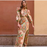 Fashionkova party look inspos Vintage Print Pleated Midi Dresses Women Chic V Neck Lantern Sleeve High Waist A Line Dress 2024 Summer New Beach Lady Vestido