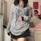 Fashionkova party look inspos 2000s Aesthetic Retro T Shirt E Girl Gothic Skulls Cross Graphic Grunge Long Sleeve Tops Y2K Vintage Mall Goth Fairycore Clothes