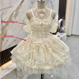 Fashionkova Japanese Sweet Lolita Jsk Dress Women Elegant Pearl Mesh Lace Bow Princess Evening Party Dresses Kawaii Flower Wedding Dress