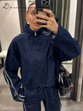 Fashionkova Street Denim Stripe Pants Set Women Long Sleeve Stand Collar Pocket Zipper Jacket Suit 2025 Straight Lace Up Casual Jeans Sets