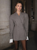 Fashionkova  Nye Outfit Women Elegant Plaid Print Lapel Slim Fit Wrap Coats Fashion Single Breasted Chic Suit Jacket Lady Charming Daily Streetwear 2024