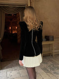 Fashionkova party look inspos Elegant Velvet Mini Dress Long Sleeve Square Collar Patchwork High Waist A-line Vestidos Female Birthday Party Evening Dresses