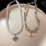Fashionkova Kpop Vintage Sun Star Pendant Clavicle Chain Imitation Pearl Necklace For Women Party Gothic Y2k Aesthetic Jewelry Accessories