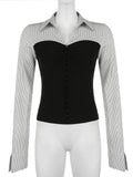 Fashionkova Elegant Contrast Color Patchwork Striped Blouse Office Ladies Slim Turn-Down Collar Long Sleeve Shirts Women 2025 Spring