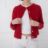 Fashionkova Women's Y2K Elegant Solid Color Fuzzy Knitwear Tops Long Sleeve Button-down Round Neck Cropped Cardigan Sweater Coats fairycore