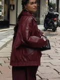 Fashionkova party look inspos Women Zipper Leather Lapel Jacket Retro Red Long Sleeve Pocket Splicing Coat Fashion Casual Cool Girl Fall High Street Outwear