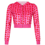 Fashionkova party look inspos Women Pink Heart Print Velvet Crop Hoodies Zip Up Y2K Long Sleeve Cropped Sweatshirts Coat 90s E Girl Jacket Tracksuit
