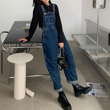 Fashionkova  Party Outfit  Jumpsuits Women Dark Blue Vintage Streetwear Harajuku Casual Fashion High Waist Loose Overalls Ulzzang Denim Suspenders Trousers