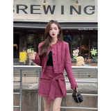 Fashionkova  Nye Outfit Winter Pink Elegant New Two Piece Set Women Blazer Coat+solid Bow Mini Skirt Female Korean Fashion Designer Mini Skirt Suit 2024