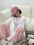 Fashionkova party look inspos Y2K T-shirt Fairy Grunge 2023 Vintage Letter Print Tops Black Autumn Off Shoulder Long Sleeved Korean Tees Loose Harajuku Shirt