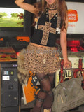 Fashionkova Gothic Aesthetic Vintage Skinny 2-piece Set Women Y2k Sexy High Street Leopard Print Hooded Tops Retro High-waist Cake Skirt New Outfit Ideas