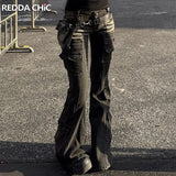 Fashionkova REDDACHiC Black Low Waist Cargo Jeans 2000s Distressed Whiskers Multi-pocket Stretch Bootcut Pants Women Retro Grunge Streetwear ootd
