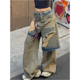 Fashionkova Blue Jeans Women American Y2K Vintage High Waisted Jean Straight Streetwear Casual Loose Wide Leg Denim Pants Ripped Trouser