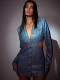 Fashionkova Valentine's Day Aesthetic Articat Sexy Glitter Shiny Women Blazer Dress Blue Long Sleeve Hollow Out Dress Female Autumn Skinny Elegant Party Clubwear 2022