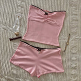 FashionKova-Fashion Y2K Summer Fairy 90's vintage clothing Pink 2-piece ruffled strapless halter tops + Shorts Chest Bag Backless crop tops