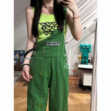 Fashionkova  Party Outfit  Green Jean Jumpsuits Women New Vintage Baggy Denim Overalls Cute Straight Loose Wide-leg Pants Female