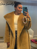 Fashionkova Party Outfit Long Street Women's Faux Fur Coats With Belt Casual Lapel Ful Sleeve Pocket Plush Female Overcoats 2025 Spring Lady Outwear