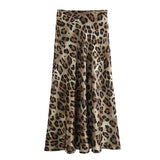 Fashionkova Leopard Print Skirt Women Vintage Midi Satin Skirt Woman Fashion High Waist Elegant Long Skirts For Women Summer Skirt Valentine's Day Aesthetic