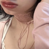 Fashionkova Goth Y2K Girl Pink Choker Cute Black Lace Bow Double layered Long Tassel Necklace For Women Charm Jewely EMO 2000s Accessory