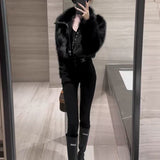 Fashionkova party look inspos Autumn Winter Now Locomotive Wind Hottie Sweet Cool Fashion Coat Women Patchwork Imitation Fox Fur Leather and Fur Solid Tops