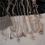 Fashionkova Kpop Y2K Trendy Star Moon Cross Silver Color Choker Chain Necklace Pendant Neck For Women Men Charm Grunge Punk Fashion Jewelry