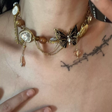Fashionkova Punk Gold Bow Crystal Heart Chain Necklace Acrylic Beaded Pearl Necklace For Women Y2K Grunge Rave Scene EMO Accessories Jewelry