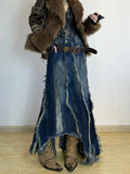 Fashionkova  Party Outfit  Women Denim Skirt Y2k Emo 2000s Clothes Long Skirt Harajuku Korean 90s Fashion Vintage Gradient A-line Jean Skirt Grunge Clothes