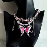 Fashionkova Goth Exaggerated Pink Butterfly Glass Heart Pendant Short Choker Chain Necklace Women Charms Rave Jewelry Y2K Scene Accessories