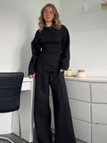 Fashionkova party look inspos Fashion Solid Long Pant Set for Women Casual O Neck Long Puff Sleeve Pullover Wide Leg Trousers Suit Female Commuter 2Pcs Outfit
