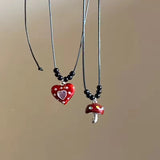 Fashionkova Red Drip Glaze Mushroom Heart Pendant Leather Rope Necklace For Women Fashion 2025 Y2K Sweet Jewelry Niche Exquisite Accessories