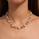 Fashionkova Luxury Rhinestone Flowers Beads Choker Necklace for Women Elegant Imitation Pearl Clavicle Chain Wedding Party Jewelry